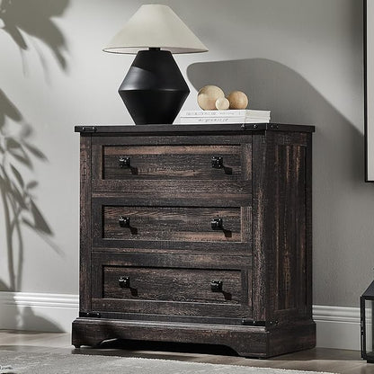 T4TREAM 32" Farmhouse Nightstand with Charging Station, Large End Table with 3 Storage Drawers, Rustic Wood Bedside Table for Bedroom, Living Room, Dark Rustic Oak