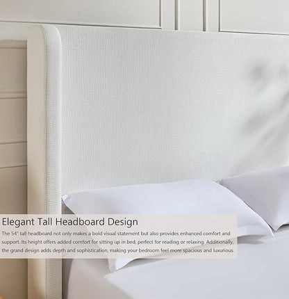 Harper 54" Extra-Tall Headboard Bed Frame - Modern Wingback Upholstered Platform Bed, 1000lbs Heavy Duty Support, Textured Chenille, No Box Spring Needed(Cream White Queen)