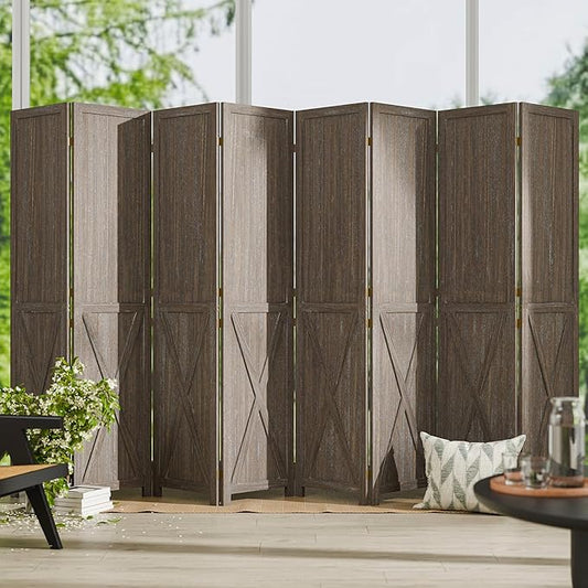 Cozy Castle Wood Room Divider, 8 Panels Folding Privacy Screen, 66.9'' Wall Divider, Barnwood Room Separator, Freestanding Partition, Temporary Wall for Decorative, Rustic Brown