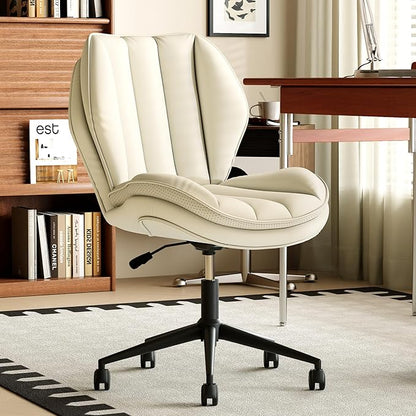 Home Office Desk Chair with Wheels, Armless Adjustable Height PU Leather Office Chair, Mid Back Ergonomic Computer Chair, Walnut Curved Seat Design No-Arm Chair (9008-White)