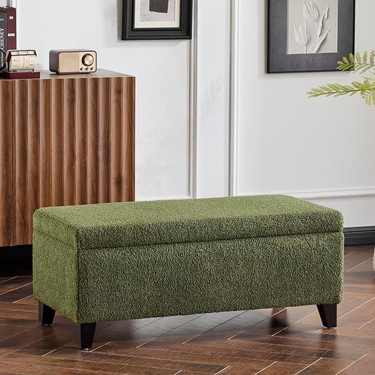 Storage Ottoman with Flip-Top Lid, Sturdy Birch Wood Legs, Footrest Bench with Ample Storage for Blankets, Pillows, Shoes, Extra Seating for Living Room, Bedroom, Entryway,Dark Brown+Green