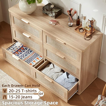 LEYAOYAO Rattan Dresser and Nightstand Set of 2, Boho Wood Dresser for Bedroom with 6 Drawers and Night Stand with Charging Station, Bedroom Furniture, Dressers & Chests of Drawers,Living Room,Hallway