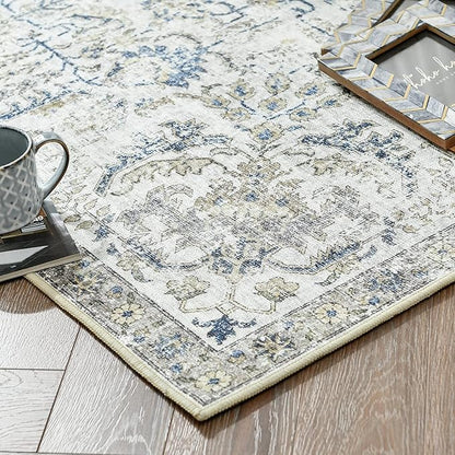 jinchan Kalen Area Rug 9x12 Washable Living Room Rug Vintage Indoor Large Floor Cover Retro Accent Mat Distressed Floral Country Boho Non Slip Thin Carpet for Bedroom Dining Room Office Blue Multi