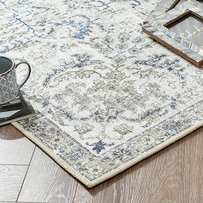 jinchan Kalen Runner Rug 3x7 Washable Hallway Rug Vintage Indoor Thin Retro Floor Cover Distressed Floral Country Lightweight Non Slip Carpet for Entryway Bathroom Bedroom Living Room Stairway Blue