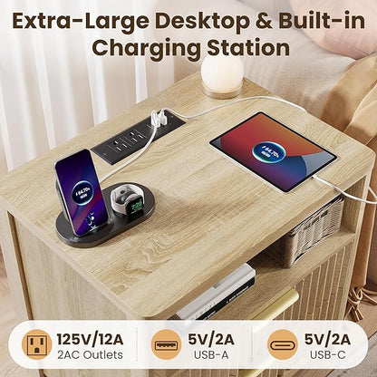 CypBed NightStand Set of 2 with Charging Station, Bedside Tables with 2 Drawers & Storage Shelf, Wood Fluted Nightstand with Rounded Corner Design, Modern End Table for Bedroom, Easy Assembly