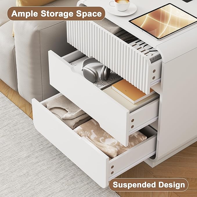 7 Drawer Dresser and 2 Nightstand Sets for Bedroom 3 Pcs Bedroom Set, Modern 47.2" Fluted Dresser with Invisible Handles Nightstand Charging Station, Bedroom Furniture Set for Living Room, White