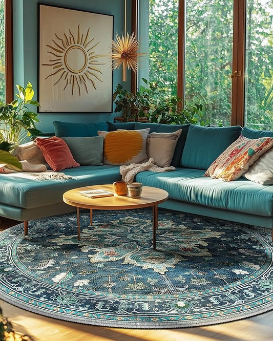 Area Rugs 7ft Washable Non-Slip, Floral Vintage Distress Print Pattern Medallion Carpet for Living Room Bedroom Dining Room, Teal Green Lake Blue Turquoise