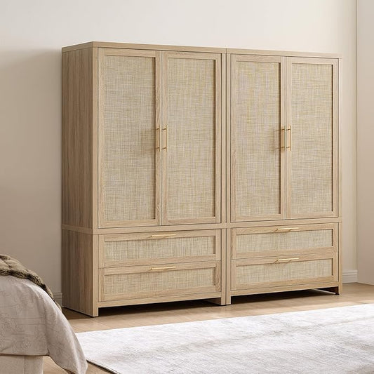 SICOTAS Larger Armoire Wardrobe Closet, 71" Tall Rattan Freestanding Wardrobe Closet Cabinet with Storage and 2 Drawers, Boho Armoire Clothes Organizer with Hanging Rod for Bedroom, Light Oak (2 PCS)