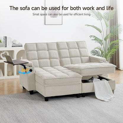 70.9" Chaise Lounge Chair Indoor, Oversized Boucle Upholstered Sofa Bed, Adjustable Backrest Deep Seat Reading Chair, Sofas Couches for Living Room with Storage, Cup Holders & 360° Swivel Side Table