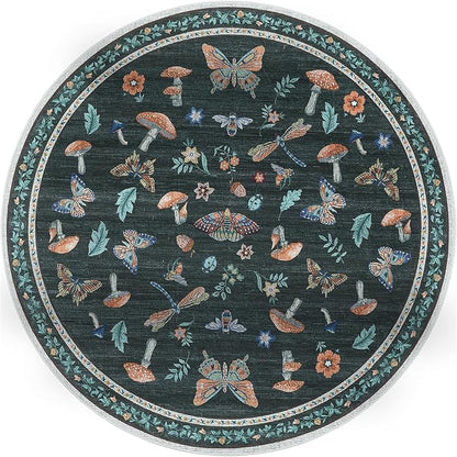 Mushroom Insect 6ft Round Rug Washable Non-Slip Soft Ultra-Thin Boho Circle Carpet for Living Room Bedroom Kitchen Nursery Dining Room Black