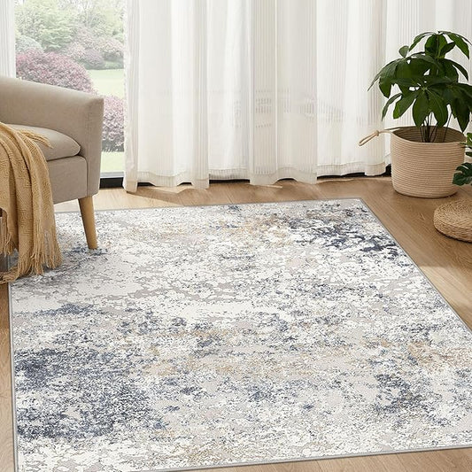 Square Area Rug Living Room Rugs - 5x5 Washable Large Soft Indoor Neutral Modern Abstract Low Pile Rug Carpet for Bedroom Dining Room Farmhouse Home Office - Beige Blue