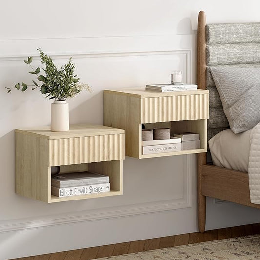 Floating Nightstand Set of 2 with Drawer, Fluted Modern Night Stand with Fluted Door and Open Storage Shelf Wall Mounted Bedside Table for Bedroom, Entryway Light Oak