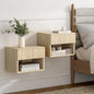 Floating Nightstand Set of 2 with Drawer, Fluted Modern Night Stand with Fluted Door and Open Storage Shelf Wall Mounted Bedside Table for Bedroom, Entryway Light Oak
