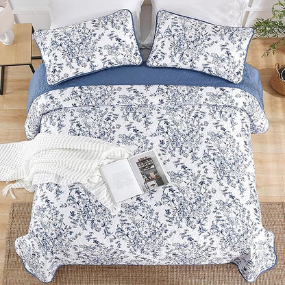 WONGS BEDDING Quilt Queen Size, Blue Quilt Bedding Set with 2 Pillowcases, Botanical Quilts for Queen Bed, Soft Microfiber Lightweight Coverlet Bedspread for All Season (96"×90", 3 Pieces)
