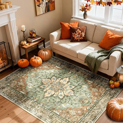 Area Rugs 4'x6' Washable Non-Slip, Floral Vintage Distress Print Pattern Medallion Carpet for Living Room Bedroom Dining Room, Brick Red Rust Neutral Brown Burnt Orange Green