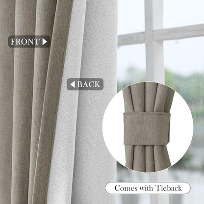 Macochico 100% Blackout Chenille Curtains for Sliding Door Thermal Insulated Noise Reducing Drapery for Living Room Bedroom Hotel, Grommet Curtains with Tieback, Light Taupe, 120" Wx96 L 1 Panel