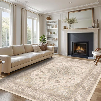 vivorug Beige 9x12 Area Rugs for Living Room, Non Slip Machine Washable Vintage Rug, Ultra-Thin Lightweight Large Area Rug for Bedroom, Dining Room, Low Pile Rug