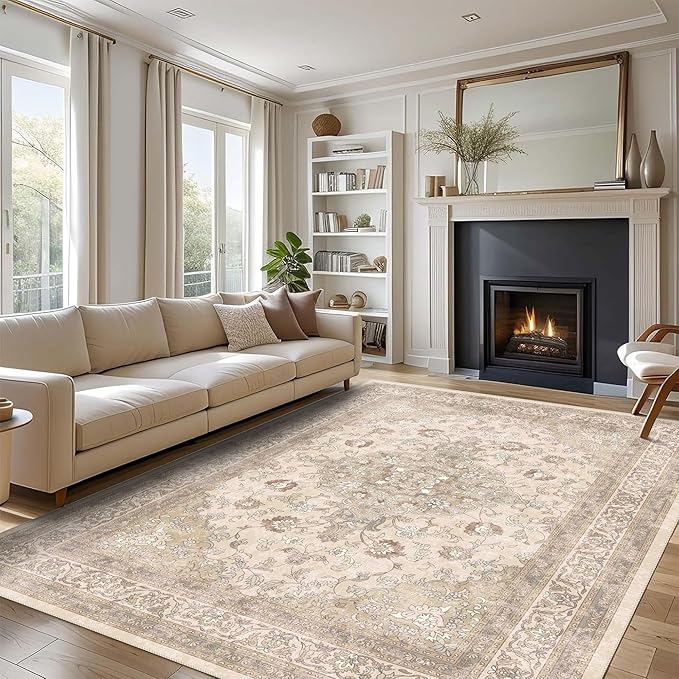 vivorug 3x5 Rug, Small Neutral Area Rug for Living Room, Bedroom, Kitchen, Machine Washable Non-Slip Throw Rug, Vintage Floral Carpet for Entryway Nursery Coffee Table - Durable (Beige)