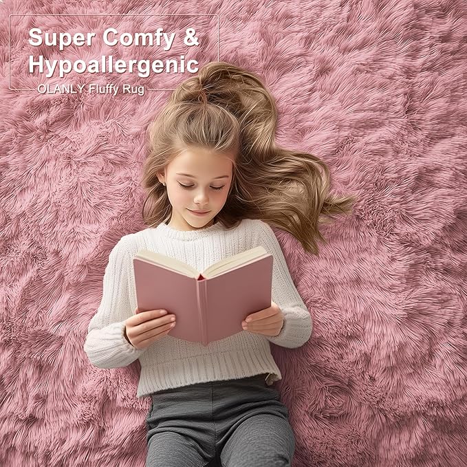 OLANLY 9x12 Machine Washable Large Area Rugs for Living Room, Bedroom, Soft Fluffy Shaggy Bedside Rug, Indoor Floor Carpet for Kids Girls and Boys, Dorms, Nursery, Home Decor Aesthetic, Pale Pink