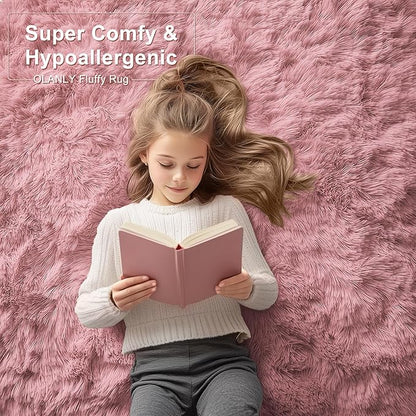 OLANLY 9x12 Machine Washable Large Area Rugs for Living Room, Bedroom, Soft Fluffy Shaggy Bedside Rug, Indoor Floor Carpet for Kids Girls and Boys, Dorms, Nursery, Home Decor Aesthetic, Pale Pink