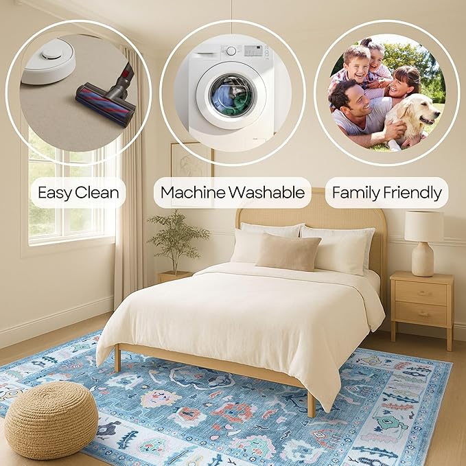 Fame Rugs Teal Modern Oushak Rug 2x3, Vintage Doormat Turkish Colorful Oriental Antique Inspired Washable Small Area Rug, Luxury Living Room Bedroom (995T, 2' x 3')
