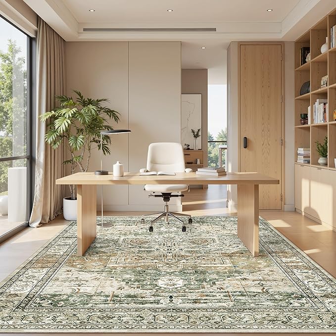 5x7 Area Rugs Low Pile Indoor Washable Trendy Faded Style Rugs for Bedroom Living Room Dining Room Foldable Non-Slip Thin Print Mat Green Olive Beige