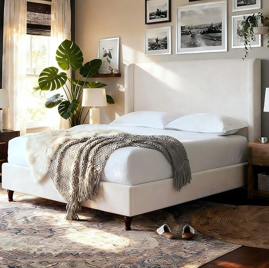 Harper 54" Extra-Tall Headboard Bed Frame - Modern Wingback Upholstered Platform Bed, 1000lbs Heavy Duty Support, Textured Chenille, No Box Spring Needed (Cream White King U.S. Standard)