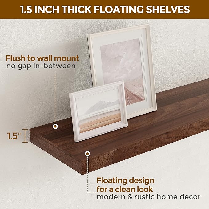 Floating Shelves 16 Inch Long, Wall-Mounted Bathroom Shelves Set of 2, 9.3 Inch Deep Shelf for Home Storage & Display, Wooden Deep Wall Shelves for Bedroom, Living Room, Kitchen, Walnut Color