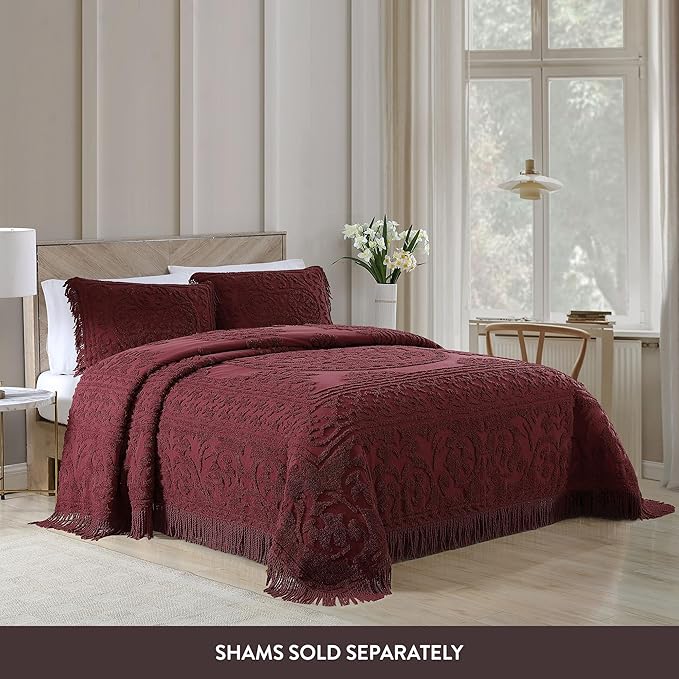Beatrice Home Fashions Medallion Chenille Bedspread, Twin, Burgundy