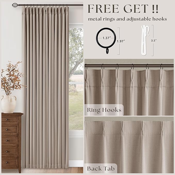 Pleated Linen Blackout Curtains 112 Inches Long for Living Room Pinch Pleat for Track System Custom Made Memory Shape Drape 100% Black Out Light Blocking Bedroom Window Curtain Greige Burlywood Birch