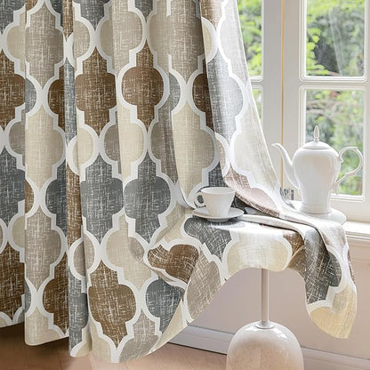 Beauoop 100% Blackout Curtains 96 Inches Long 2 Panels for Bedroom Living Room Brown Grey Moroccan Geo Room Darkening Thermal Insulated Soundproof Grommet Top Window Treatments Drapes, 50x96 Set of 2