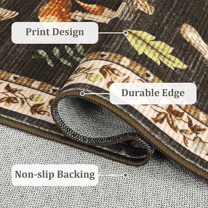Mushroom Washable Area Rug 6x9 Rugs for Living Room Soft Low-Pile Stain Resistant Thin Carpet for Bedroom Dining Nursery Non Slip Mat with Rubber Brown