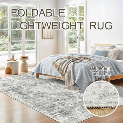 6x9 Abstract Area Rugs for Living Room 6 x 9 Washable Non Slip Low Pile Gray Rugs for Bedroom Dining Room Foldable Thin Gray White