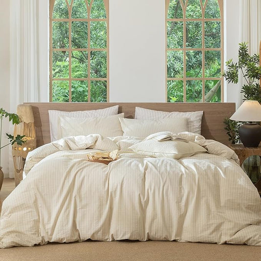 MooMee Striped Duvet Cover Set 100% Washed Cotton Linen Like Textured Breathable Durable Soft Comfy (Almond Milk Grey White Wide Stripes, Oversized King Plus 128"x120")