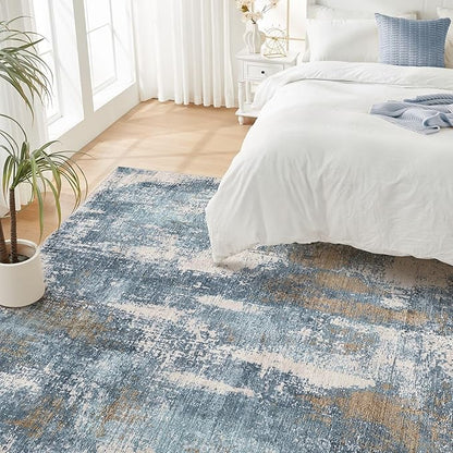 Area Rug Living Room Rugs - 9x12 Washable Large Soft Indoor Neutral Modern Abstract Low Pile Rug Carpet for Bedroom Dining Room Farmhouse Home Office - Blue Brown