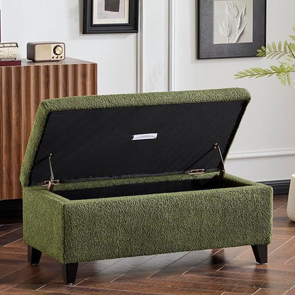 Storage Ottoman with Flip-Top Lid, Sturdy Birch Wood Legs, Footrest Bench with Ample Storage for Blankets, Pillows, Shoes, Extra Seating for Living Room, Bedroom, Entryway,Dark Brown+Green