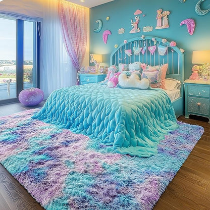 PAGISOFE Machine Washable Rainbow Runner Rugs for Girls Bedroom Hallway Plush Fluffy Purple Rug 3x5 Ft,Soft Carpet for Living Room, Non-Slip Indoor Floor Rugs for Nursery Kids Girls Room Home Decor