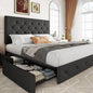 Allewie Upholstered Full Size Platform Bed Frame with 4 Storage Drawers and Headboard, Diamond Stitched Button Tufted, Mattress Foundation with Wooden Slats Support, No Box Spring Needed, Dark Grey