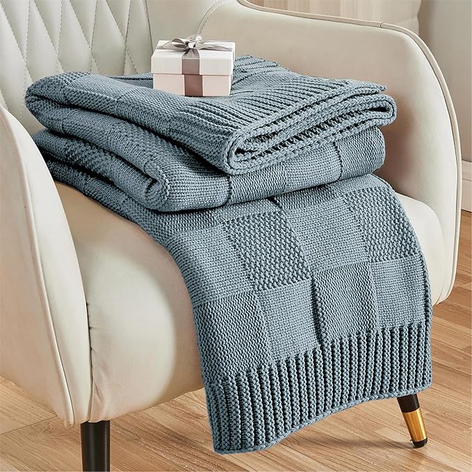 CozeCube Check Knit Throw Blanket, Dusty Blue Checkered Throw for Couch, Decorative Christmas Soft Cozy Warm Knitted Blanket for Bed Sofa Living Room, 50"X60"