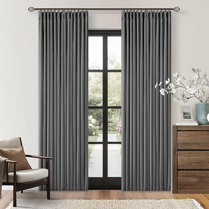 Grey Pleated Linen Blackout Curtains 84 Inches Long for Bedroom Living Room Pinch Pleat Black Out Thermal Insulated Ring Hooks Back Tab Room Darkening Drapes Charcoal Gray 84 Inch Curtains with Liner