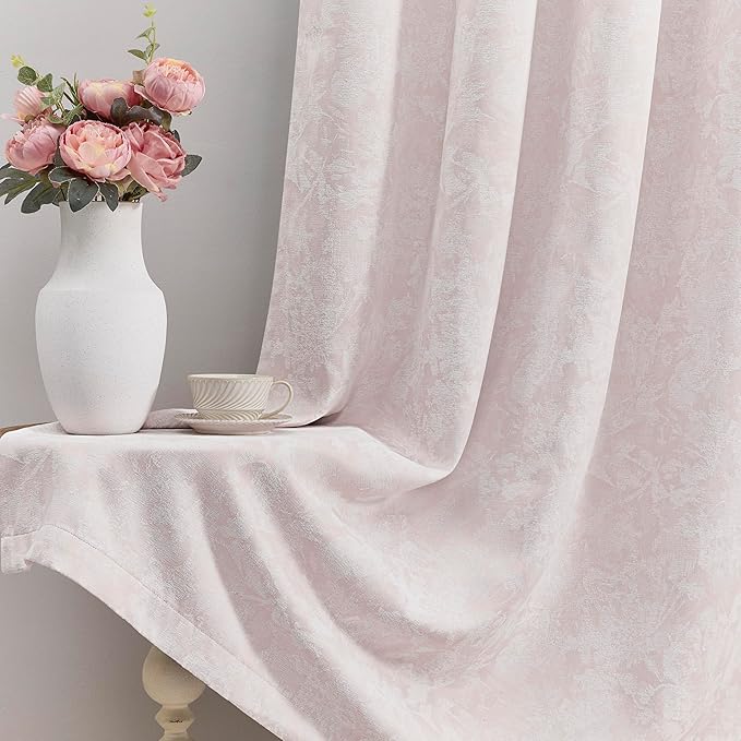 Beauoop Pink Floral Jacquard Blackout Curtains 90 Inches Long 2 Panels for Girls Bedroom Living Room Chenille Flower Room Darkening Thermal Insulated Soundproof Rod Pocket Back Tab Window Drapes 52x90