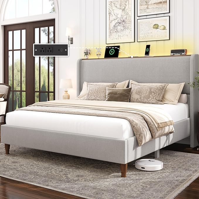 LARMACE Queen Size Bed Frame with LED Lights and Charging Station Linen Upholstered Platform Bed Frame with 51.2" Tall Wingback Headboard and Storage Shelf, No Box Spring Needed, Easy Assembly, Grey