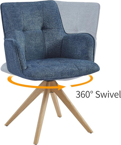 Art Leon Swivel Armchair - Mid Century Modern Office Chair No Wheels, Fabric Upholstered Accent Chair with Oak Wood Legs for Small Space Living Room Bedroom, Blue