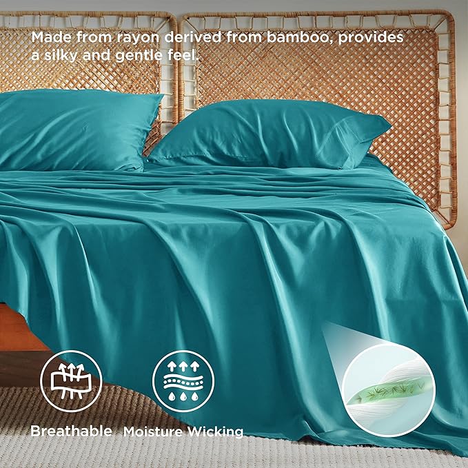 Bedsure King Size Sheets Set, Cooling Sheets for Hot Sleepers, Rayon Derived from Bamboo, Breathable & Soft, Deep Pocket Up to 16 Inches, Hotel Luxury Silky Bedding, Turquoise