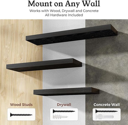 Floating Shelves for Wall, 9.3" Deep Wall Mounted Wood Shelves for Bathroom, Bedroom, Living Room, Kitchen, Hanging Shelf for Books/Storage/Room Decor (Black, 24")
