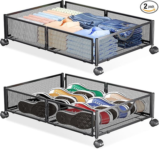 Yecaye Under Bed Storage with Wheels, 2 Pack Under Bed Shoe Storage Organizer Drawer, Tool-free Assembly Metal Underbed Storage Containers for Clothes, Shoes, Black