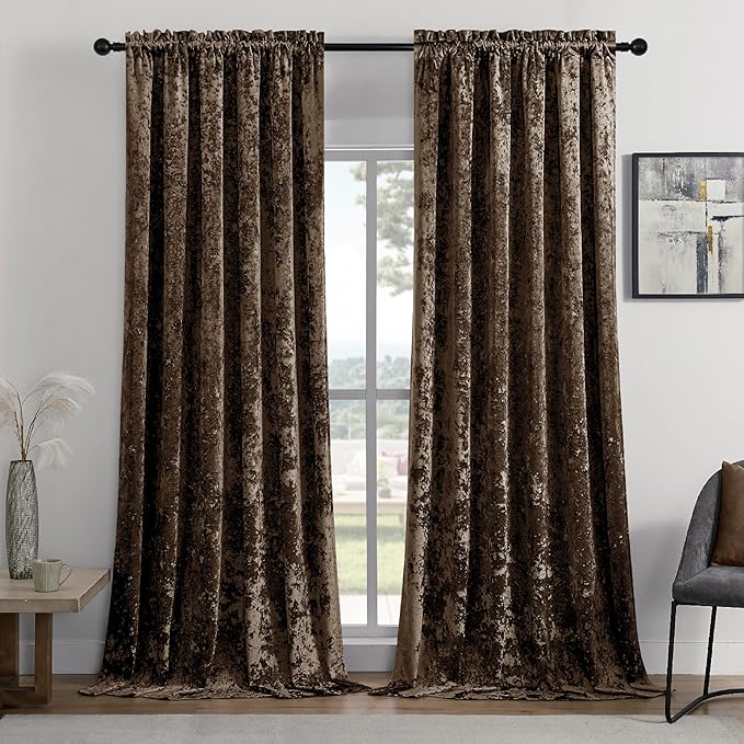 SMILETIME Chocolate Crushed Velvet Curtains 52x108inch Rod Pocket Luxurious Thermal Insulated Soundproof Drapes Soft and Durable Light-Filtering Window Treatments for Living Room Bedroom, 2 Panels