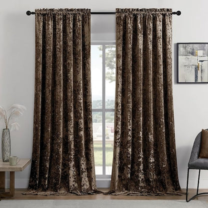 SMILETIME Chocolate Crushed Velvet Curtains 52x108inch Rod Pocket Luxurious Thermal Insulated Soundproof Drapes Soft and Durable Light-Filtering Window Treatments for Living Room Bedroom, 2 Panels