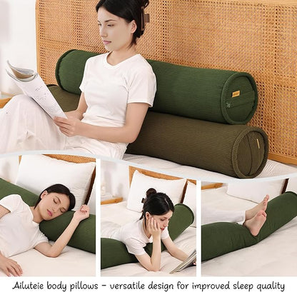 Cuddle Pillow – Corduroy Long Body Pillow for Adults, Cozy Bolster Pillow for Bed, Soft & Supportive for Relaxing Sleep,47 x 7.87 Inches,Avocado Green