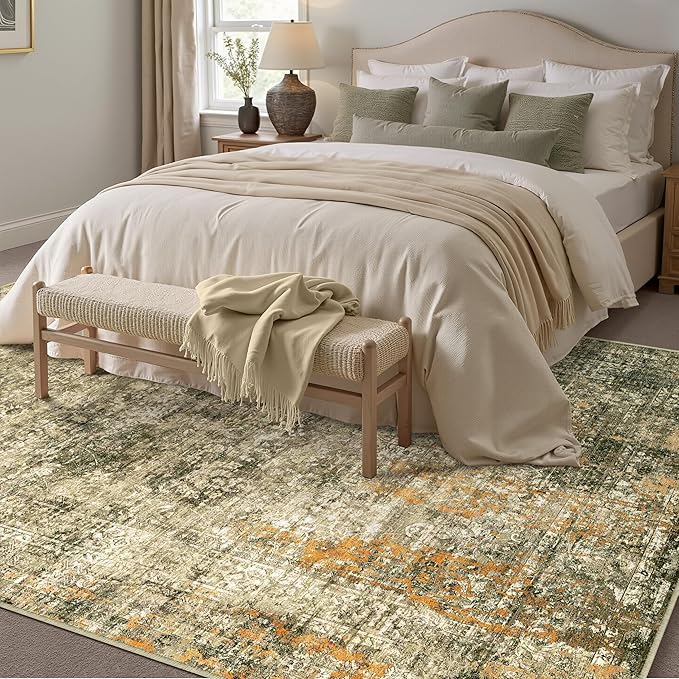 Area Rug 8x10 Brown Washable Non-Slip Lightweight Floral Vintage Distress Print Rug for Living Room Low Pile Soft Throw Indoor Carpet for Office College Dorm Laundry Dining Room Bedroom